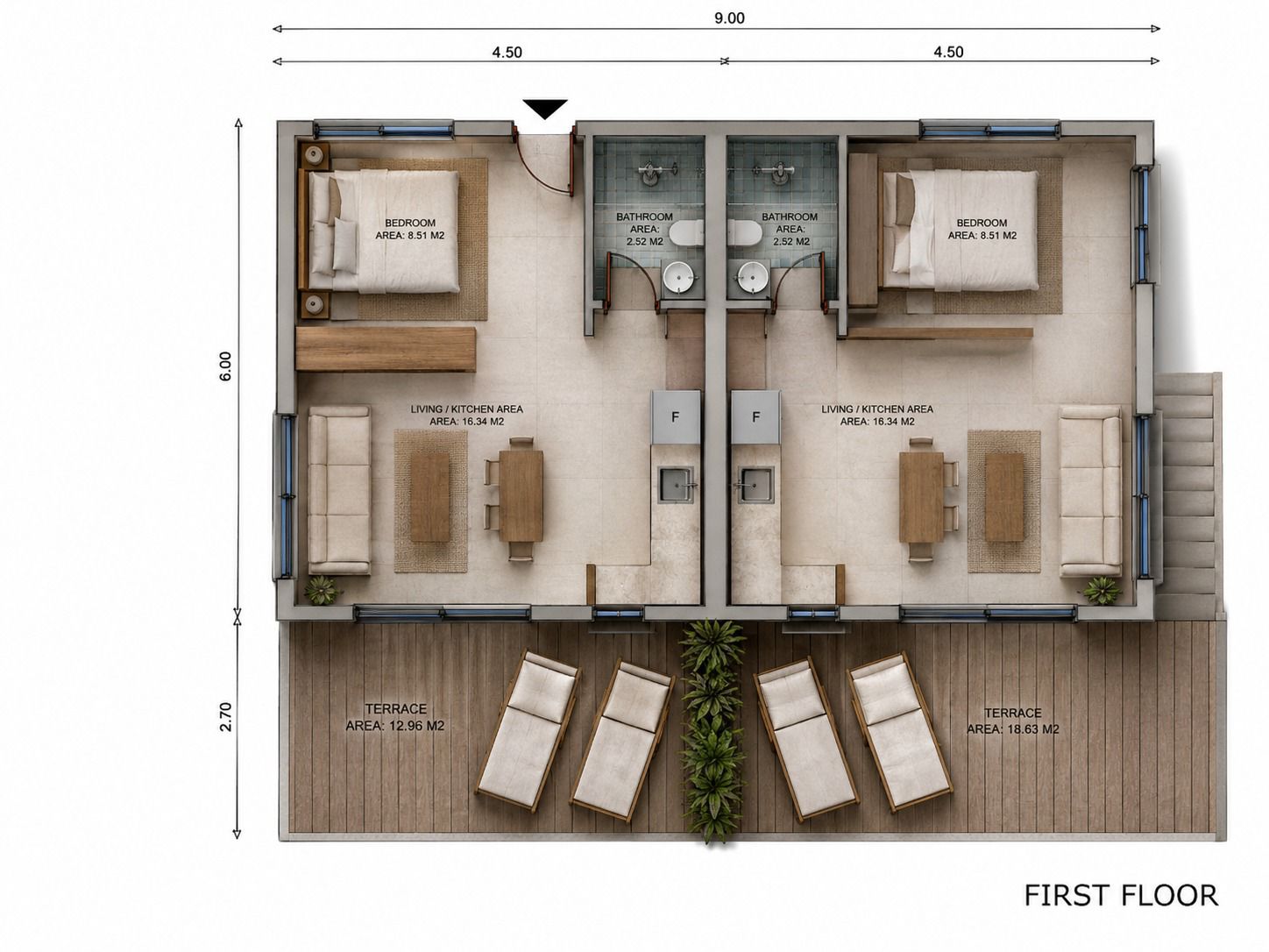 First floor plan: chalets 1 and 2